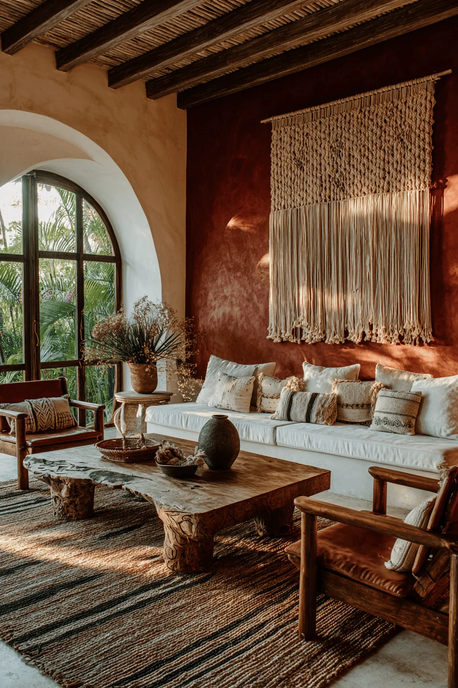 mexican style living room designs featuring carved wood table jute rug leather chair arched window