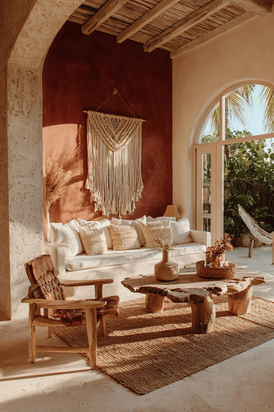 mexican style living room inspiration with chunky rope wall hanging earth tones natural textures