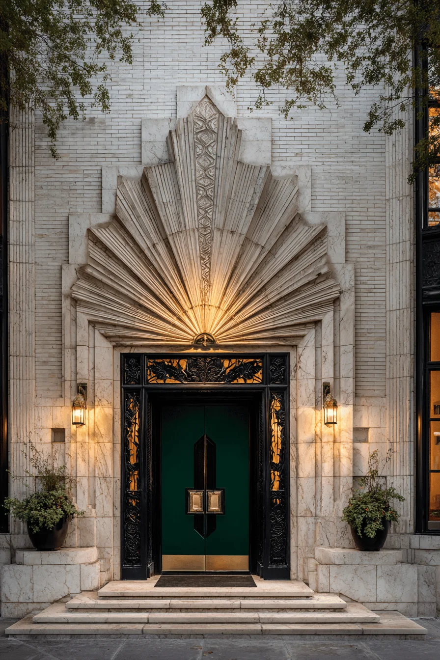 modern art deco exterior aesthetics displaying golden hour lighting on dramatic geometric metalwork patterns