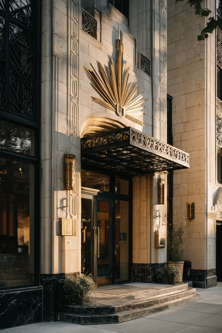 modern art deco exterior ideas featuring geometric sunburst motif above entrance with cream limestone facade