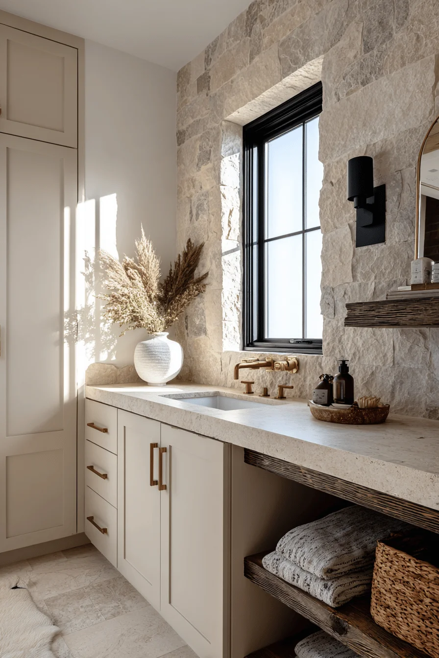 modern barn bathroom aesthetics displaying stone tiles floating shelves and woven basket storage solutions