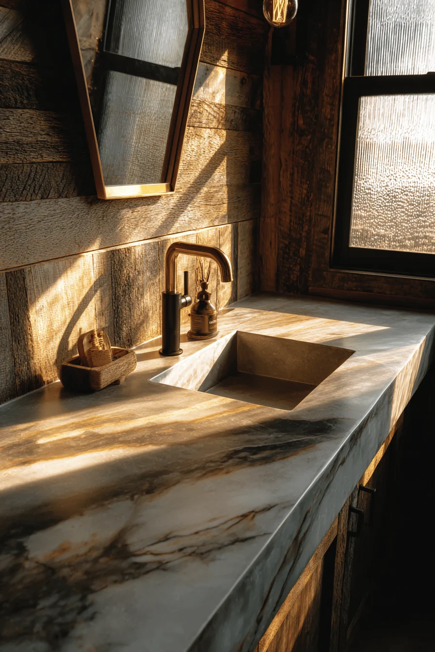 modern barndominium bathroom inspiration showcasing reclaimed barn wood accent wall with brushed copper fixtures