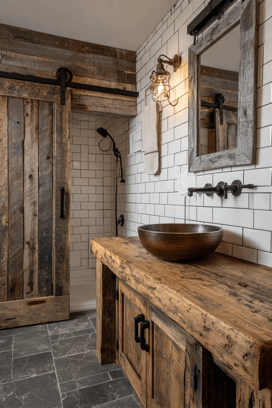 modern farmhouse barndominium bathroom aesthetics showing reclaimed wood and galvanized metal mirror