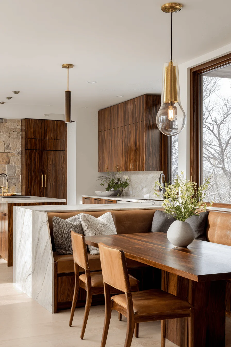 modern lake house kitchen ideas featuring pendant lighting over waterfall island with walnut cabinetry
