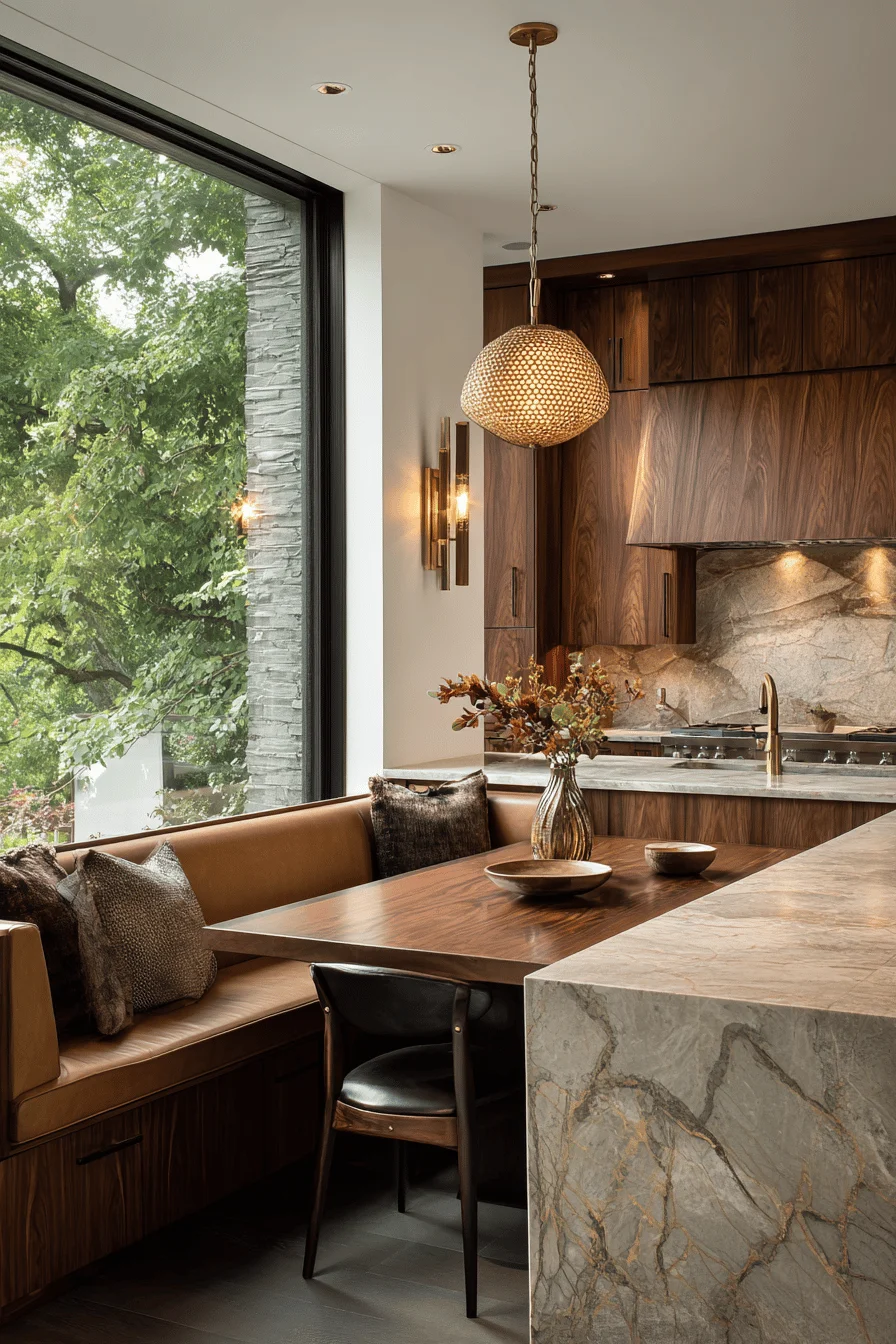 modern lakeside kitchen aesthetics with warm lighting white walls and rich wood cabinetry