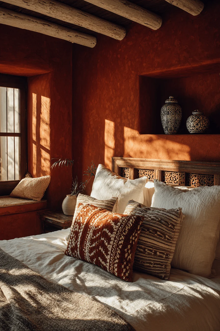 modern mexican bedroom aesthetics with deep terracotta walls crisp white bedding and artisan decor