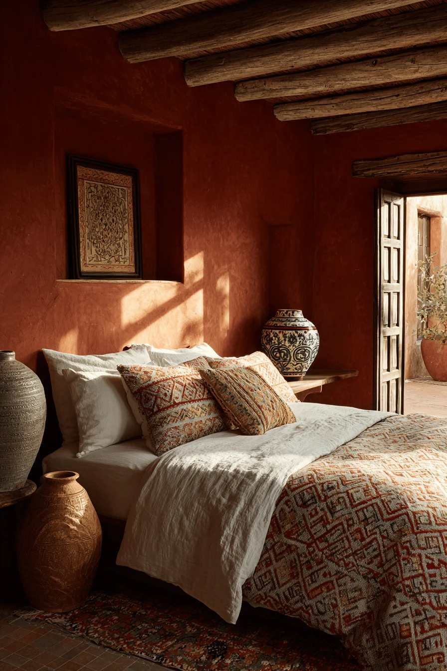 modern mexican bedroom design with carved mesquite headboard wrought iron window and golden sunlight