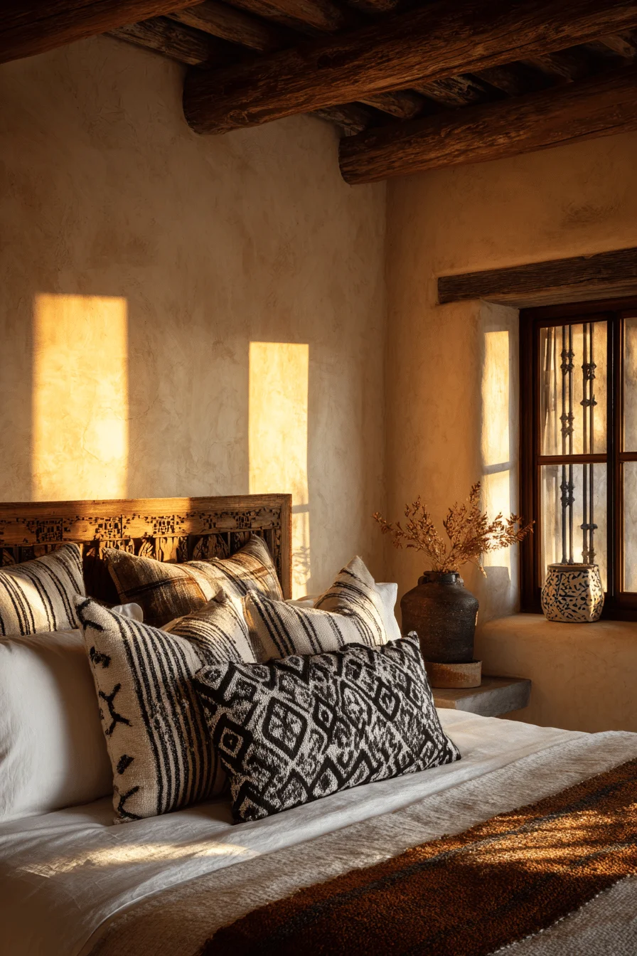modern mexican bedroom ideas featuring terracotta walls white linens and oversized patterned throw pillows