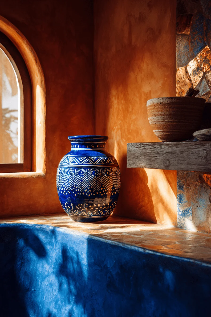 modern mexican kitchen aesthetics featuring arched window natural lighting and traditional pottery centerpiece display
