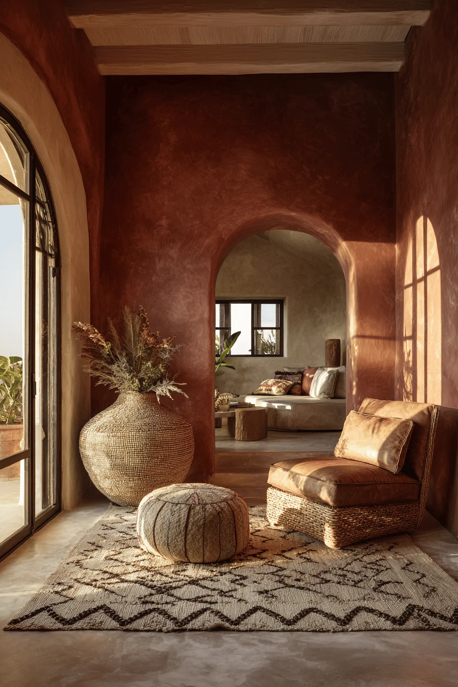 modern mexican living room aesthetics displaying aged leather furniture terracotta walls statement decor