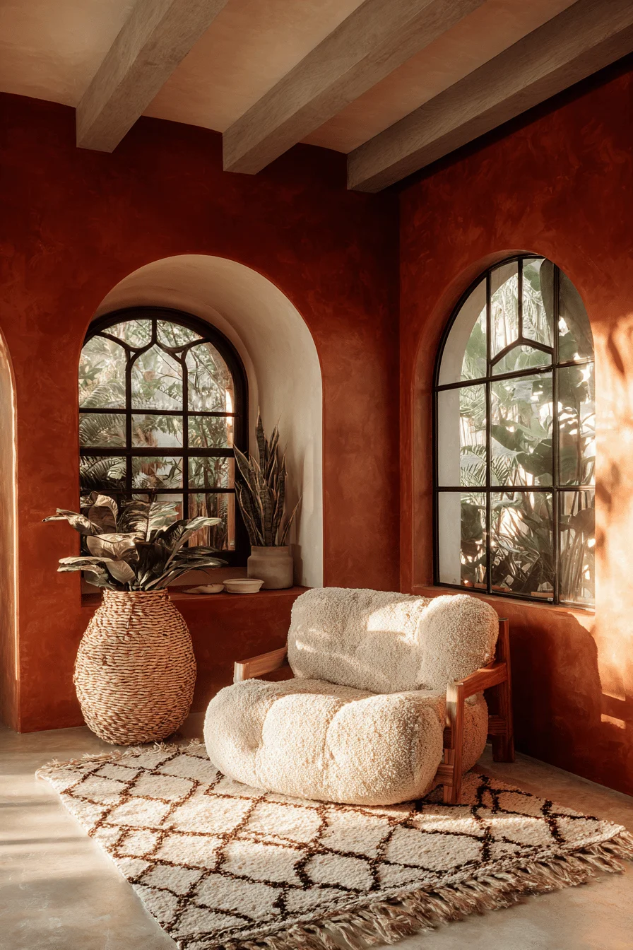 modern mexican living room designs with geometric jute rug brass details golden hour lighting