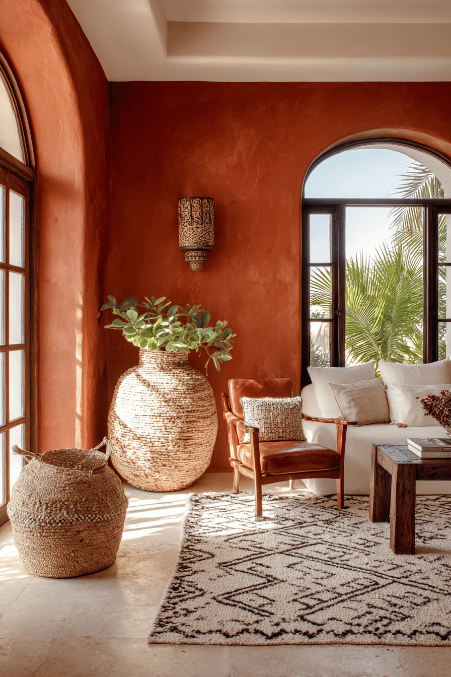 modern mexican living room ideas featuring terracotta walls woven basket leather chair arched window