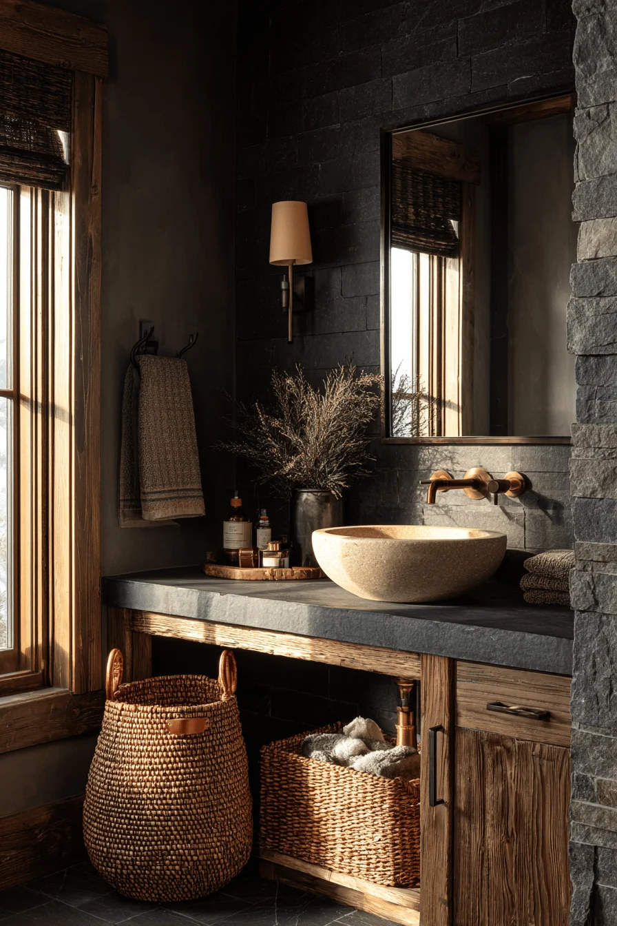 modern mountain bathroom inspiration showcasing weathered leather accents iron towel rack and frosted window
