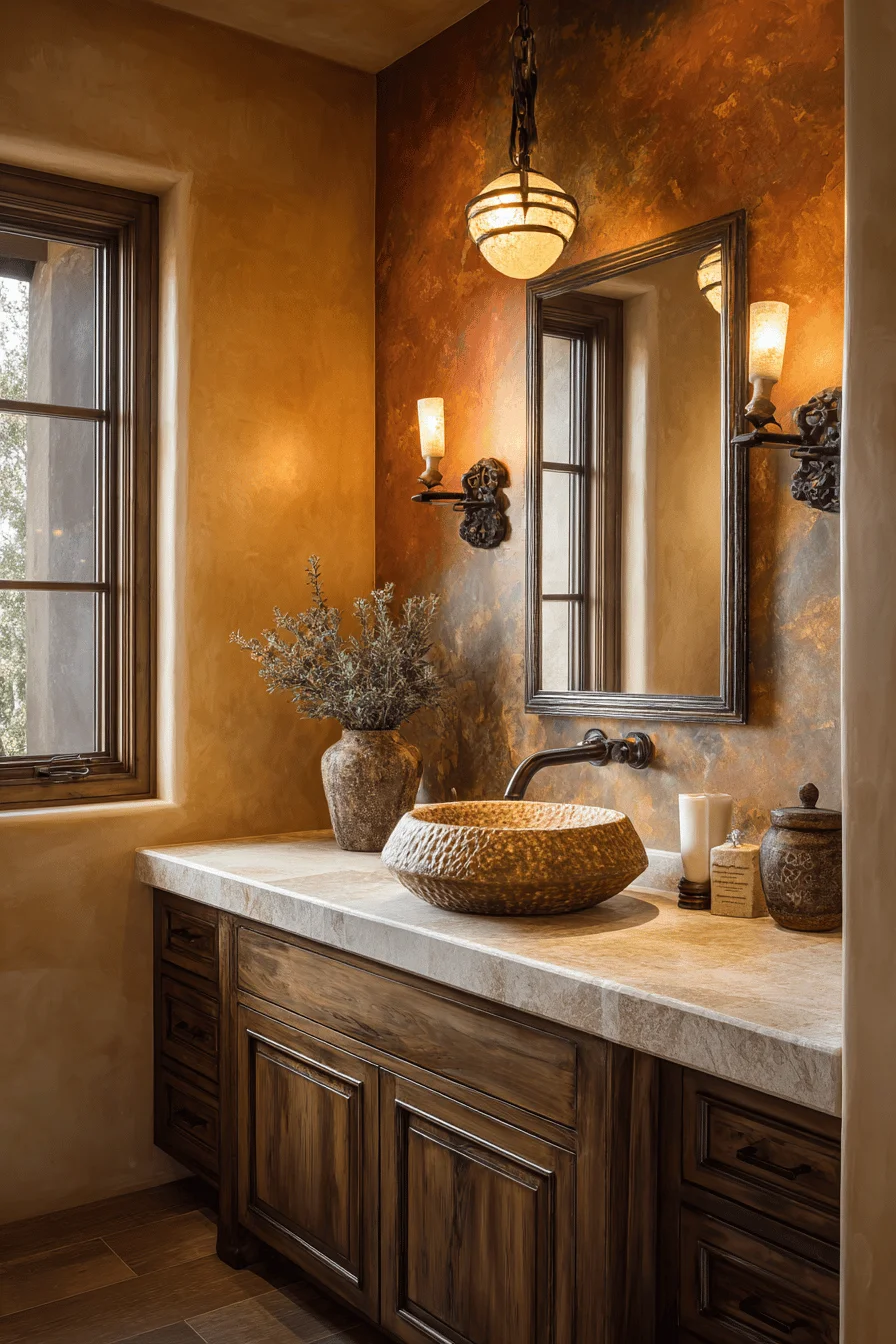 modern ranch bathroom ideas featuring natural stone tile backsplash and warm terracotta accent wall