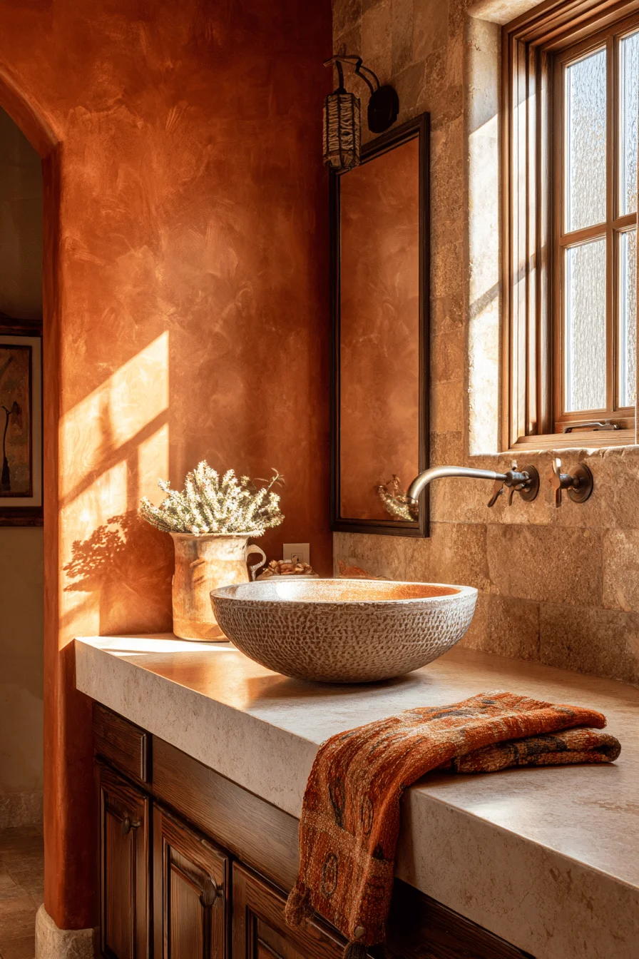 modern ranch bathroom inspiration showing white vanity contrasting with textured ceramic vessel sink