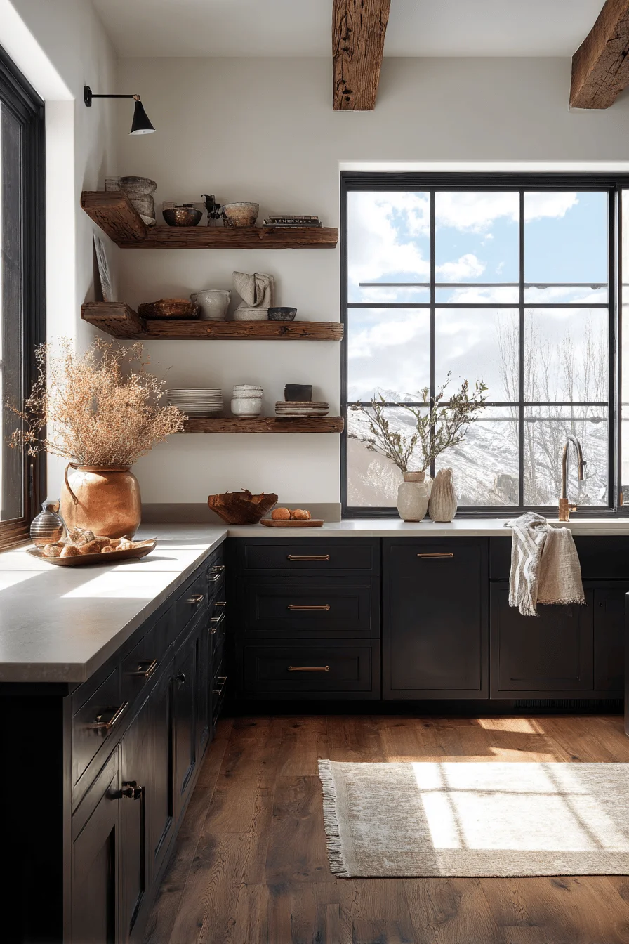 mountain cabin kitchen aesthetics highlighting barn wood shelving and golden hour sunlight streaming