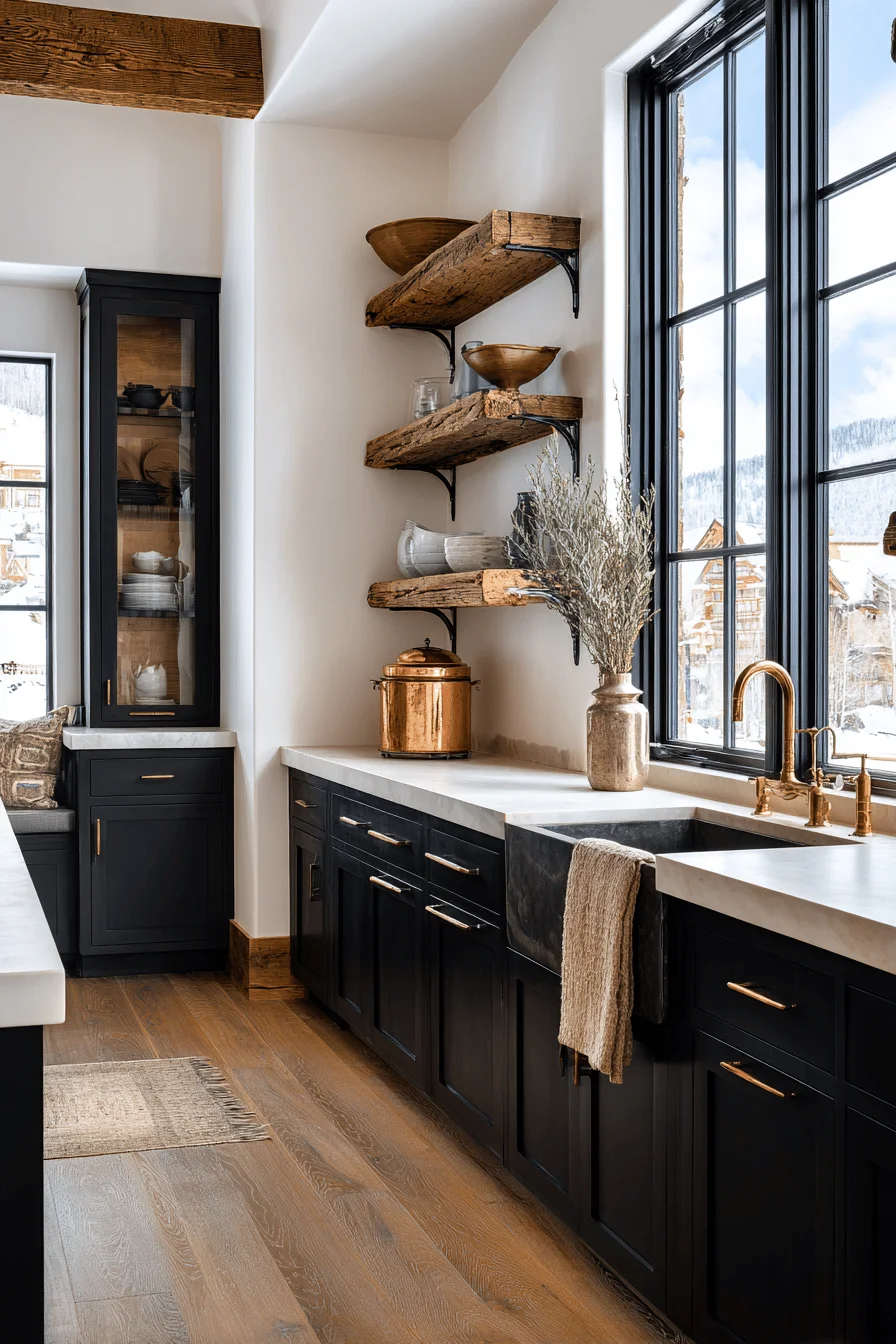 mountain cabin kitchen designs showcasing dark cabinets against white walls with natural lighting