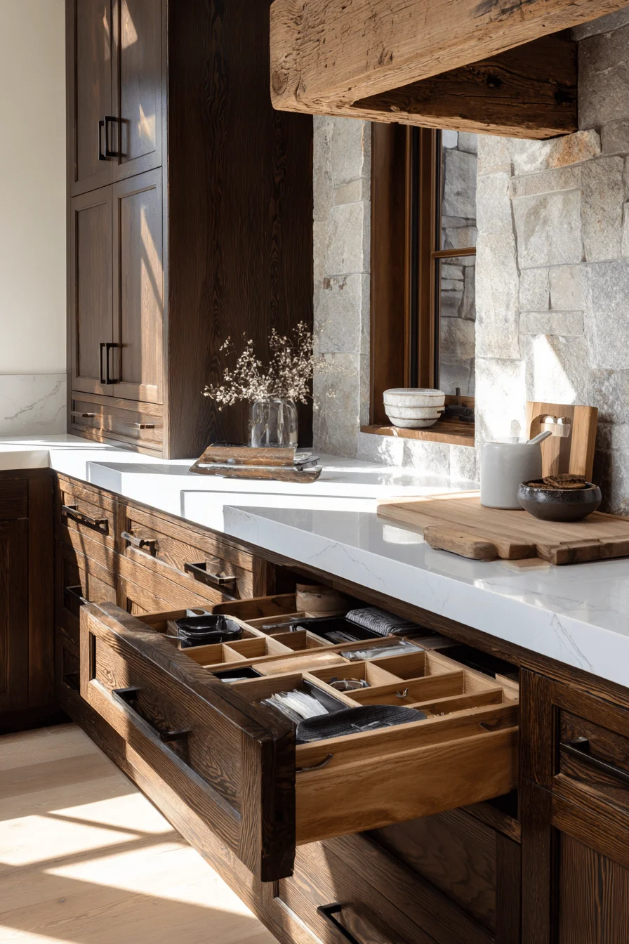 mountain home kitchen ideas featuring dark wood cabinets with custom built in storage and morning sunlight