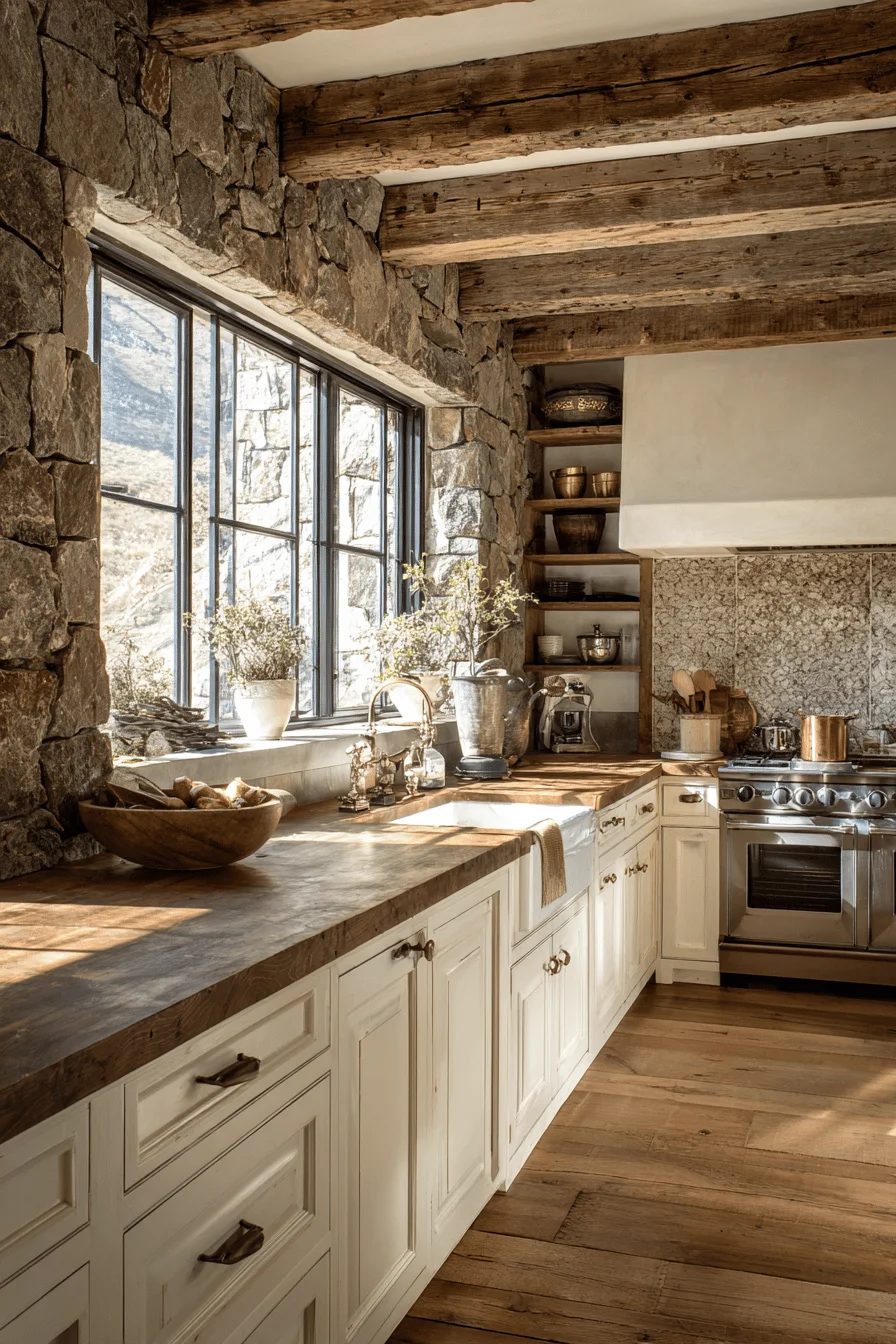 mountain house kitchen aesthetics displaying stone backsplash oak countertops and vintage copper pot