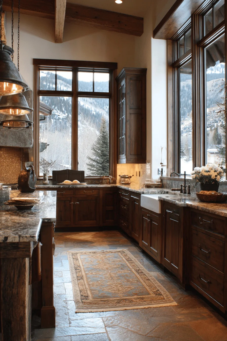 mountain kitchen aesthetics displaying premium materials and golden hour lighting through large windows