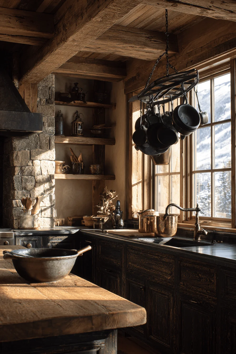 mountain kitchen aesthetics highlighting rich grain stone countertops with oversized iron fixtures in rustic luxury setting