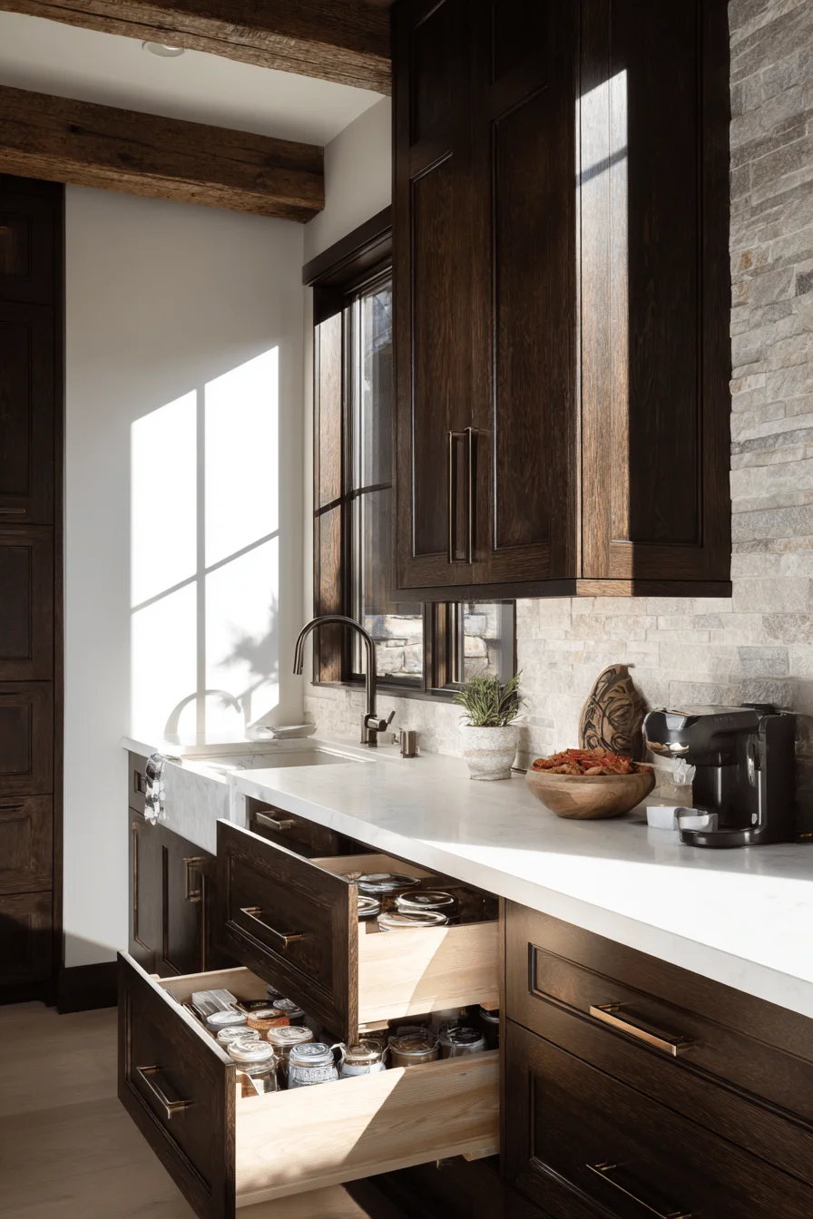 mountain kitchen designs showcasing reclaimed timber beams white countertops and organized pull out drawer compartments