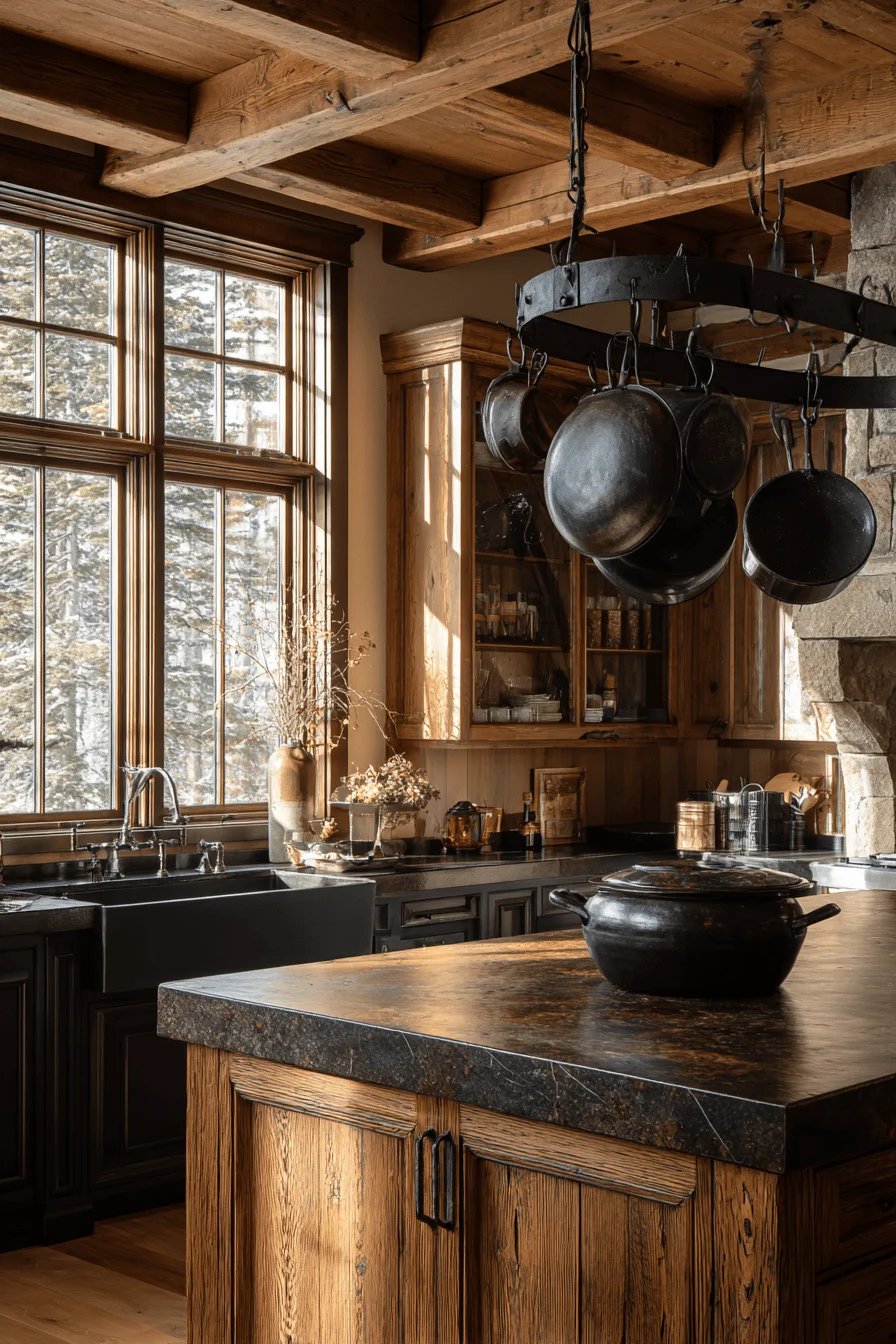 mountain kitchen ideas featuring wrought iron pot rack suspended from exposed timber beam with natural stone countertops