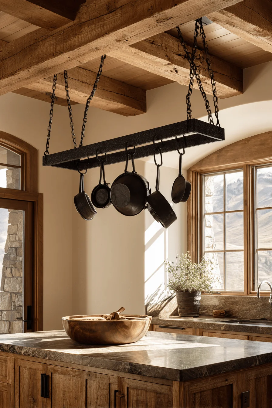 mountain kitchen inspiration displaying stark black metal against warm honey pine ceiling in alpine modern interior