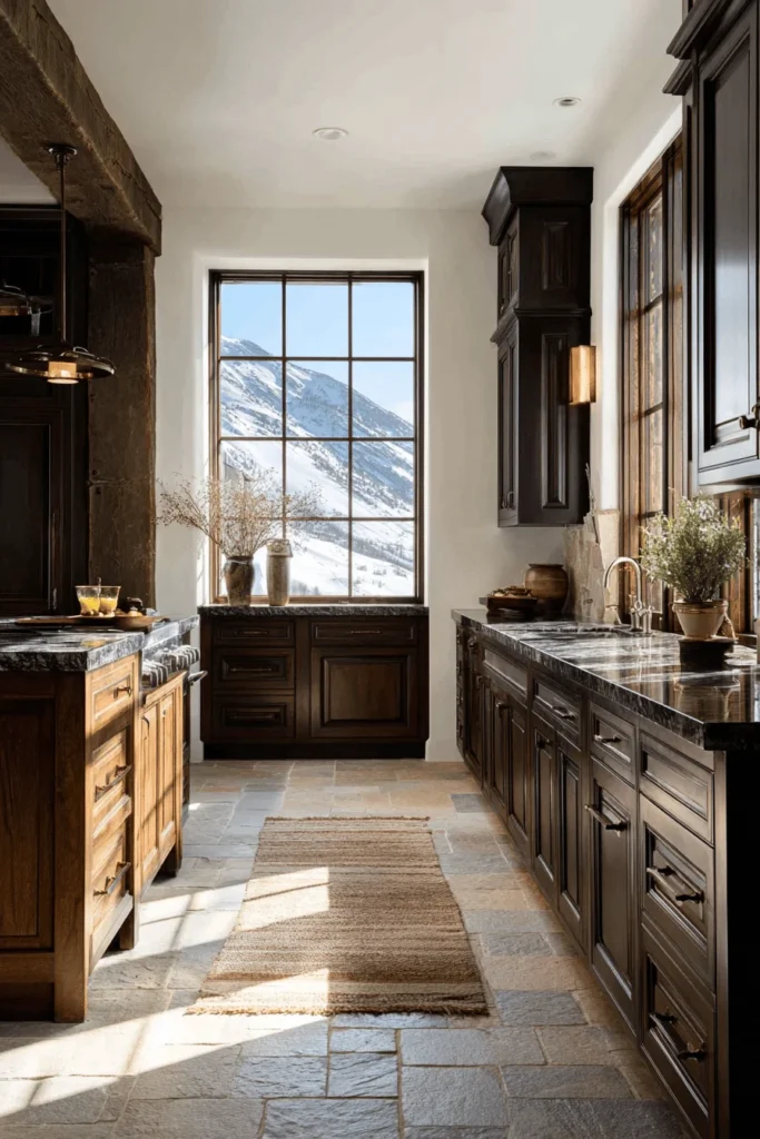 mountain kitchen inspiration showcasing weathered copper accents against bright white walls with wool rug