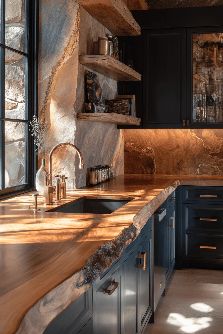 mountain kitchen inspiration with honey wood countertops deep charcoal cabinets and golden hour lighting