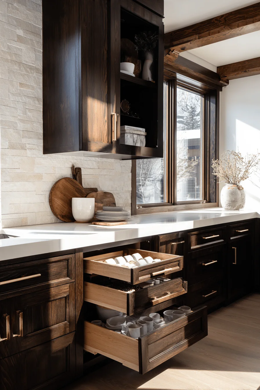 mountain kitchen inspiration with rich wood cabinetry stone backsplash and bright natural lighting streaming through window