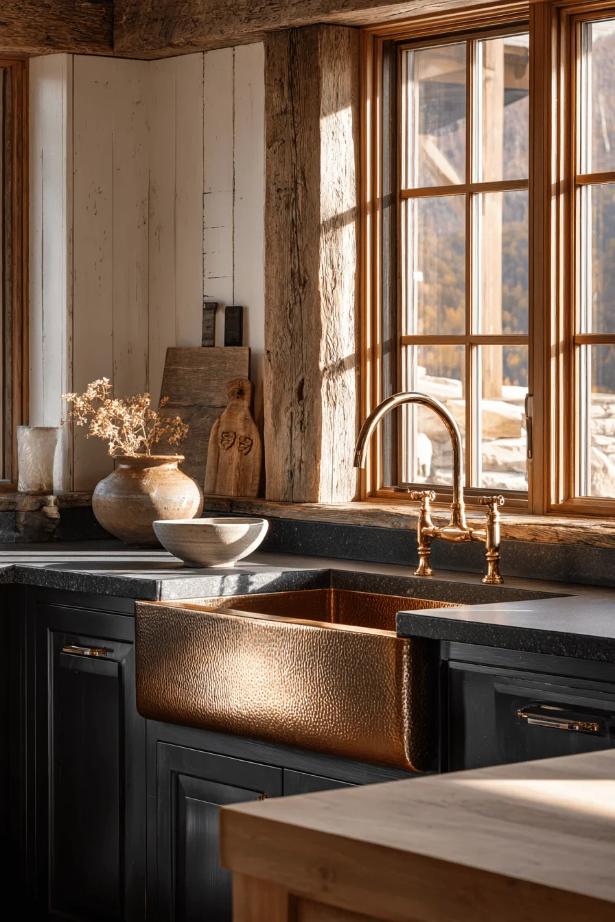 mountain lodge kitchen ideas featuring copper farmhouse sink white shiplap walls dark charcoal island with golden hour lighting
