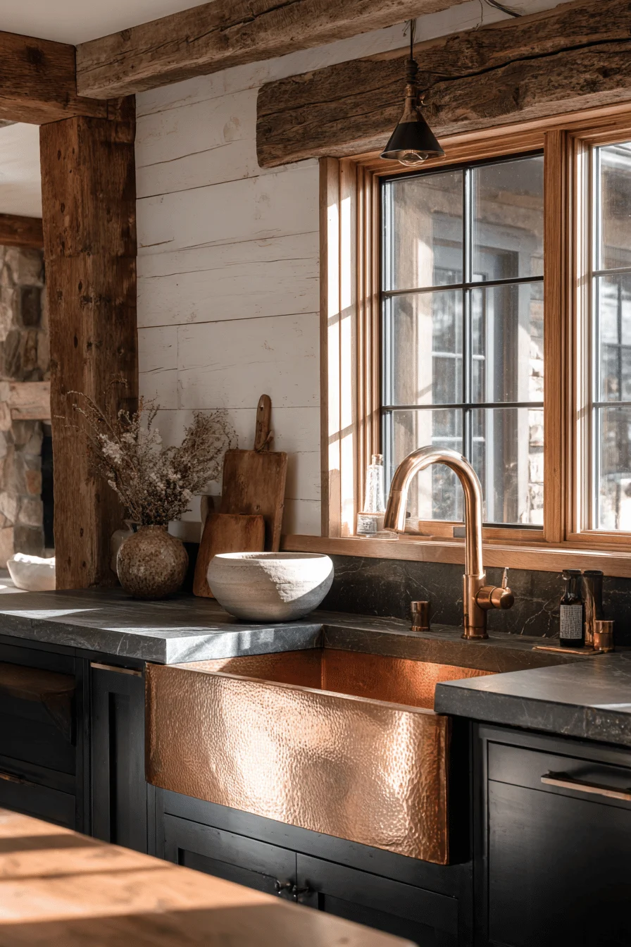 mountain lodge kitchen inspiration showing copper vessel faucet handcrafted ceramic bowl white shiplap contrasting dark island