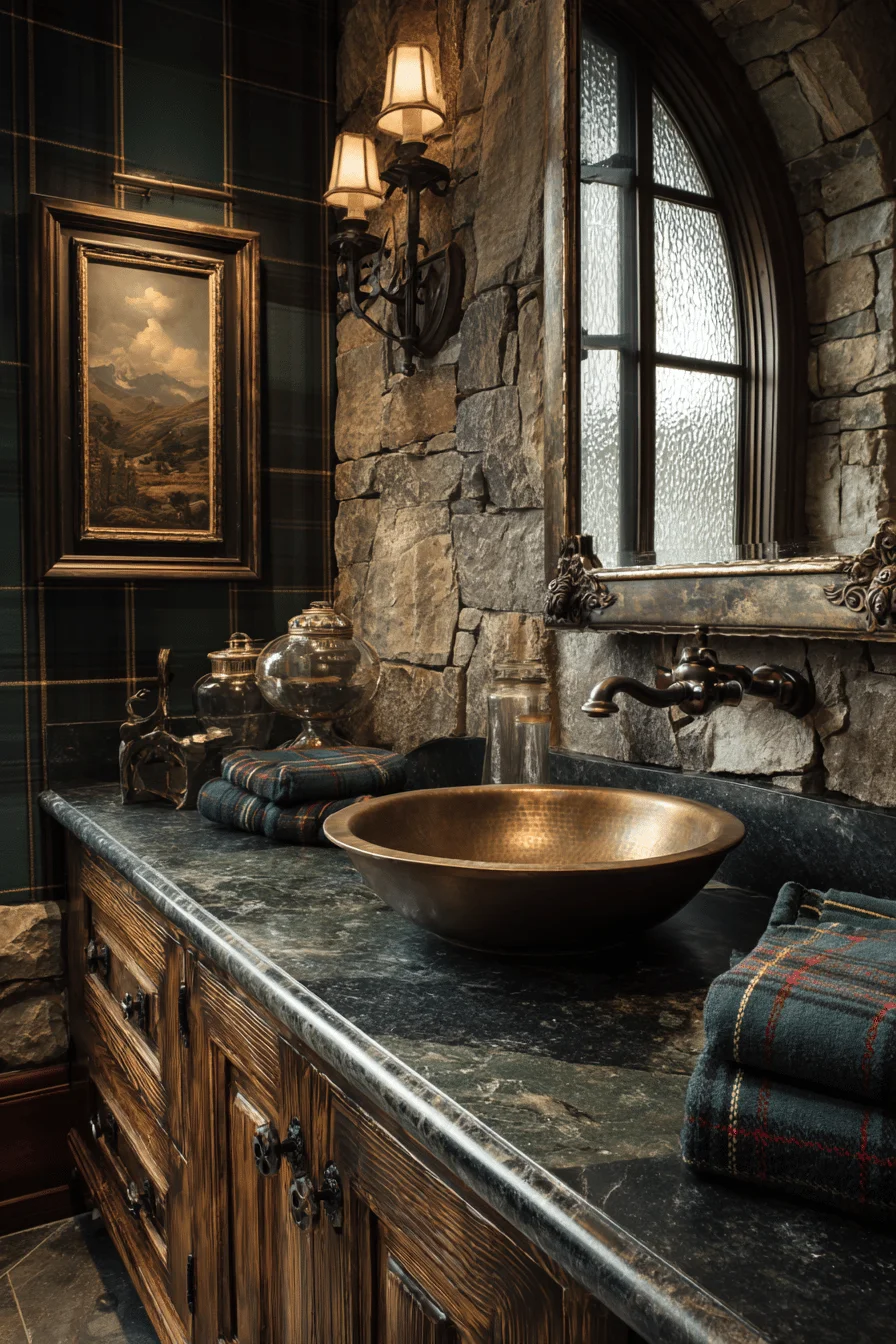 mountain theme bathroom ideas featuring scottish highlands decor with emerald tartan and granite countertops