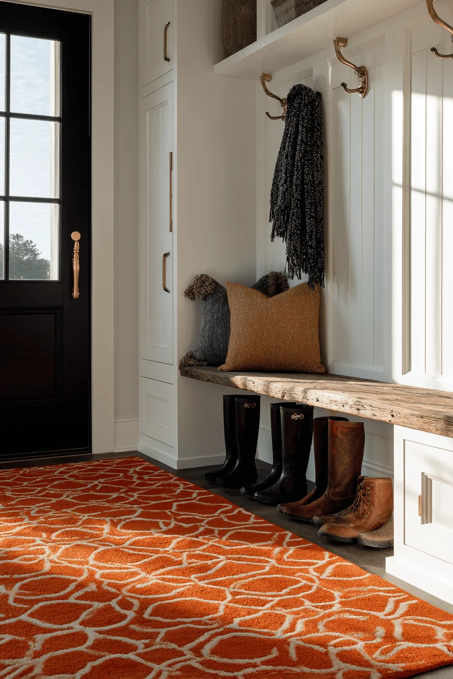 mudroom aesthetics displaying geometric patterns rustic wood bright entryway seasonal coat storage