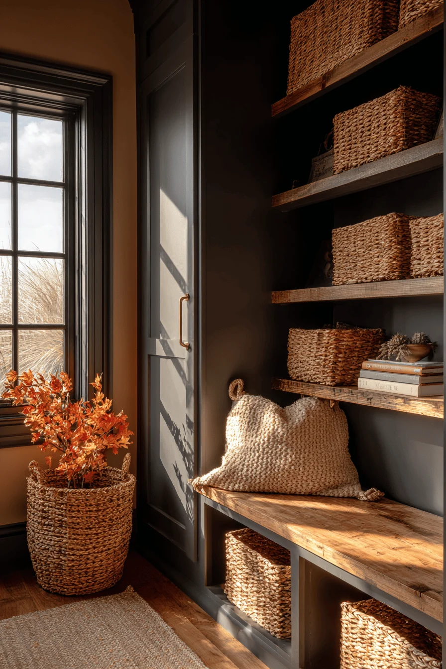 mudroom design aesthetics showing wicker cubby storage warm amber walls fall seasonal styling