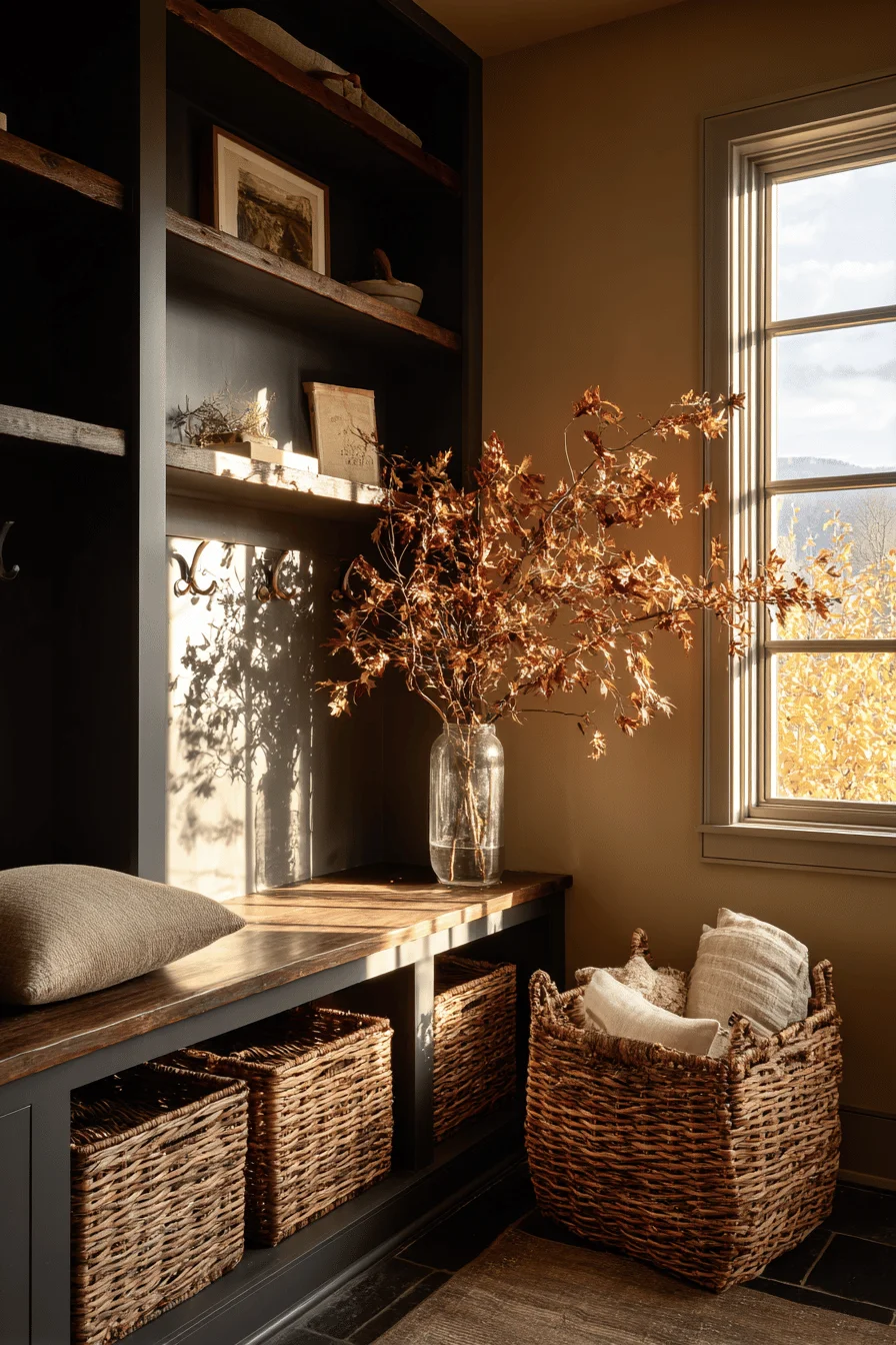 mudroom design ideas featuring oversized wicker basket charcoal built ins amber walls golden sunlight