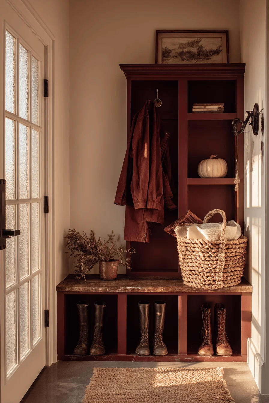mudroom design inspiration with open shelving vintage boots woven baskets frosted glass door