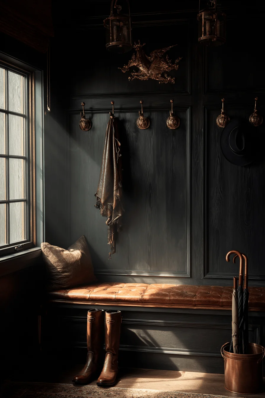 mudroom designs showing rustic fall entryway with leather boot storage and dramatic window lighting