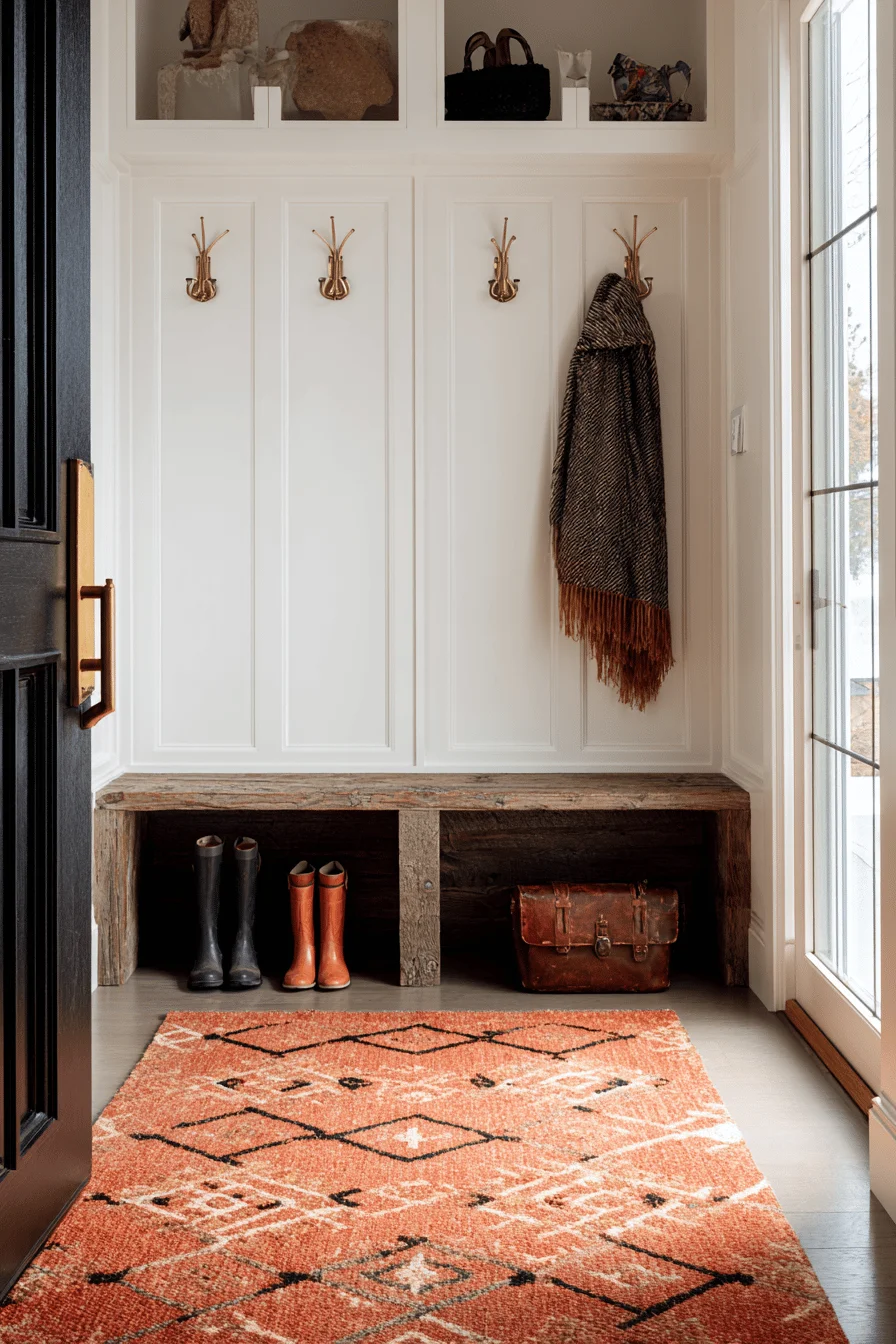mudroom designs with burnt orange decor leather storage antique brass hooks natural lighting