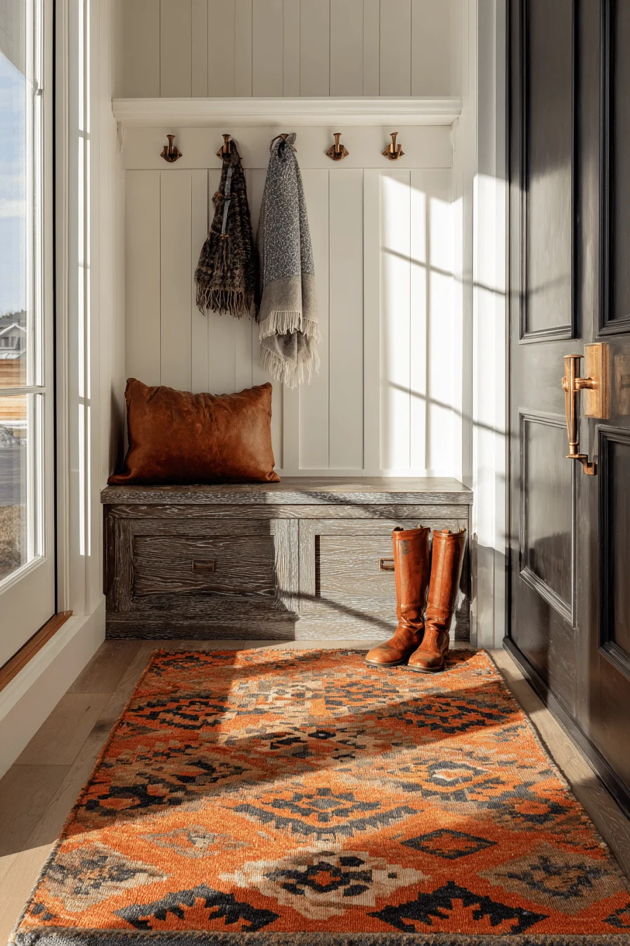 mudroom ideas featuring geometric orange rug weathered wood bench white wainscoting glass door panels