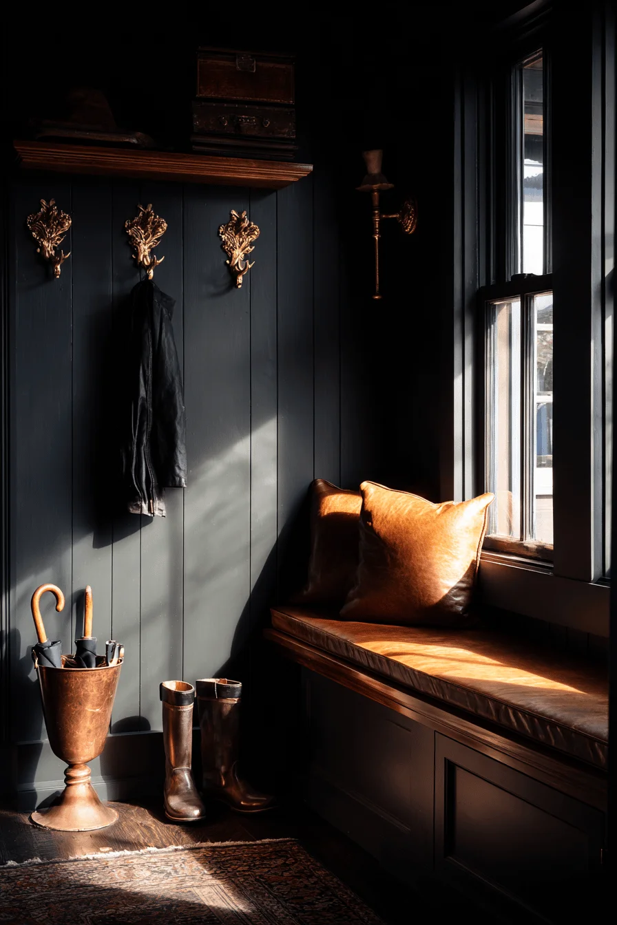 mudroom ideas featuring vintage brass coat hooks on charcoal shiplap walls with amber wood bench