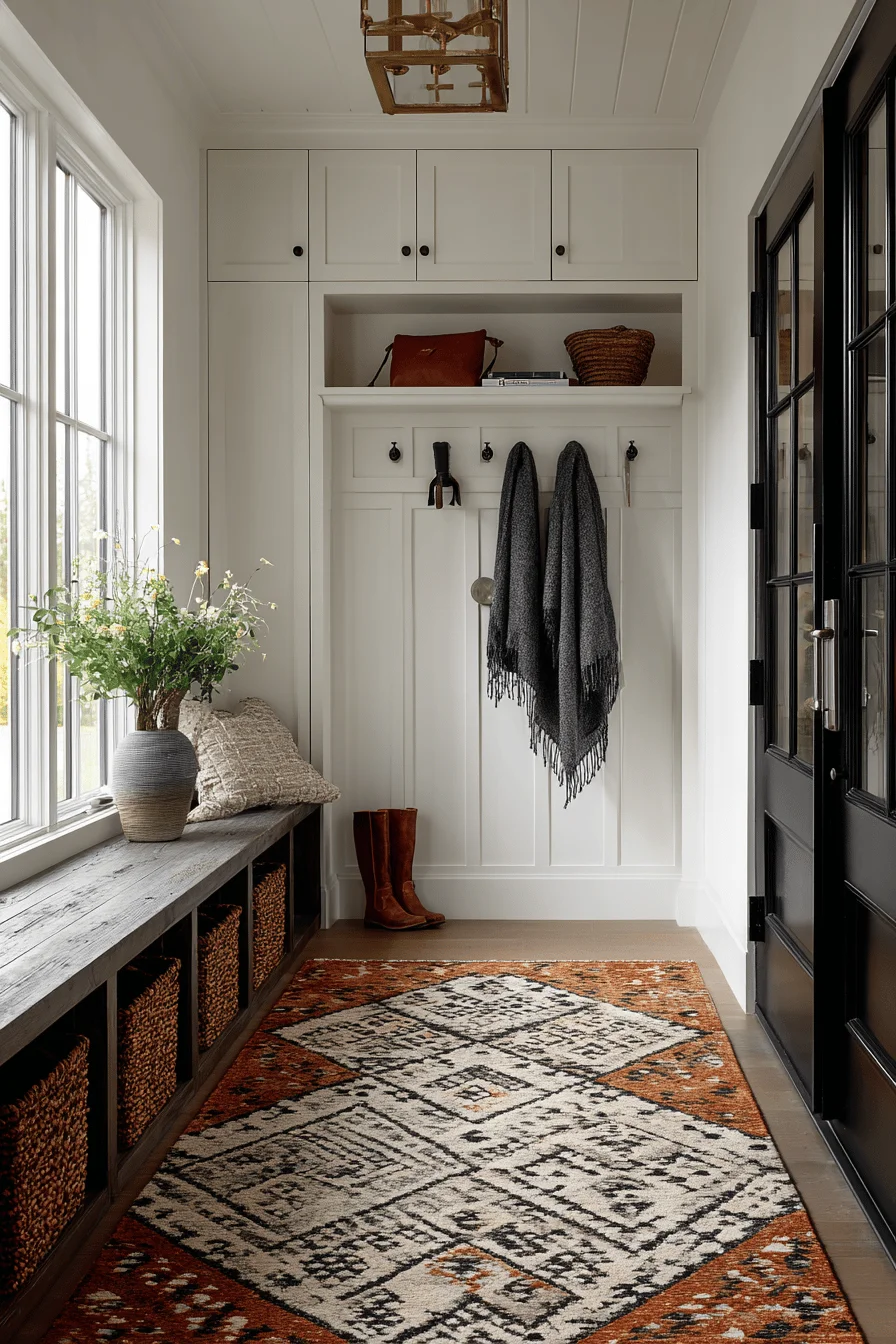 mudroom inspiration showing fall colors wooden bench seating white walls organized boot storage