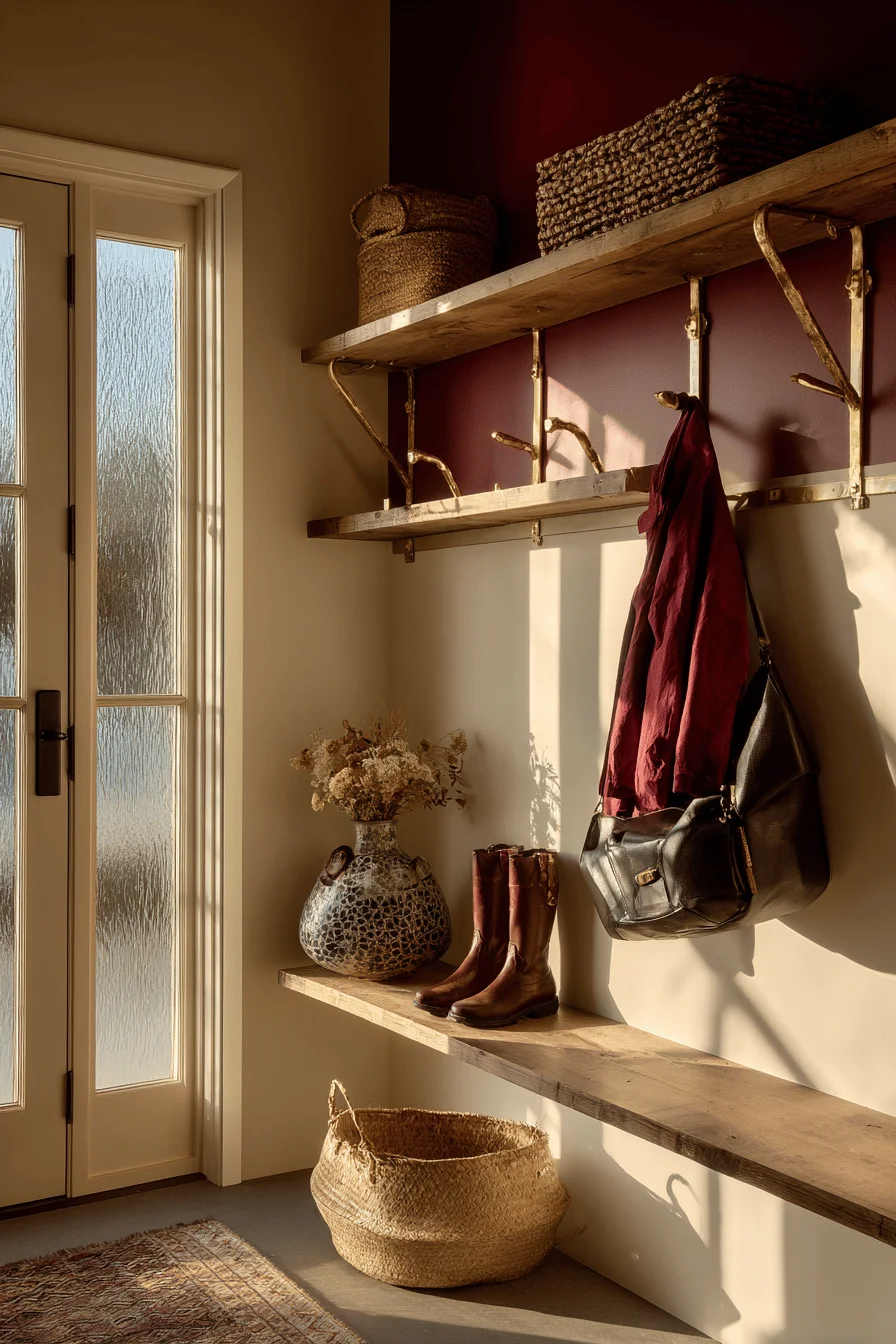 mudroom organization designs displaying burgundy accents cream walls vintage leather boots natural lighting