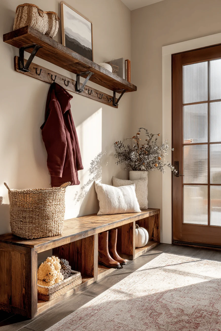 mudroom storage ideas featuring burgundy coat cream walls reclaimed wood shelving golden sunlight