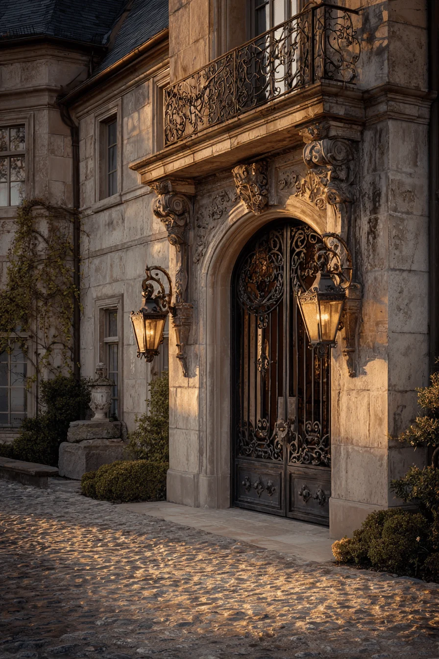 parisian apartment exterior aesthetics displaying wrought iron lantern creating warm amber glow on french building