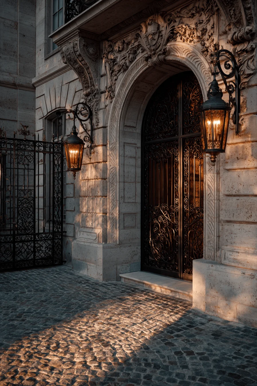 parisian apartment exterior designs showing deep charcoal iron gate against golden hour sunlight on cobblestone