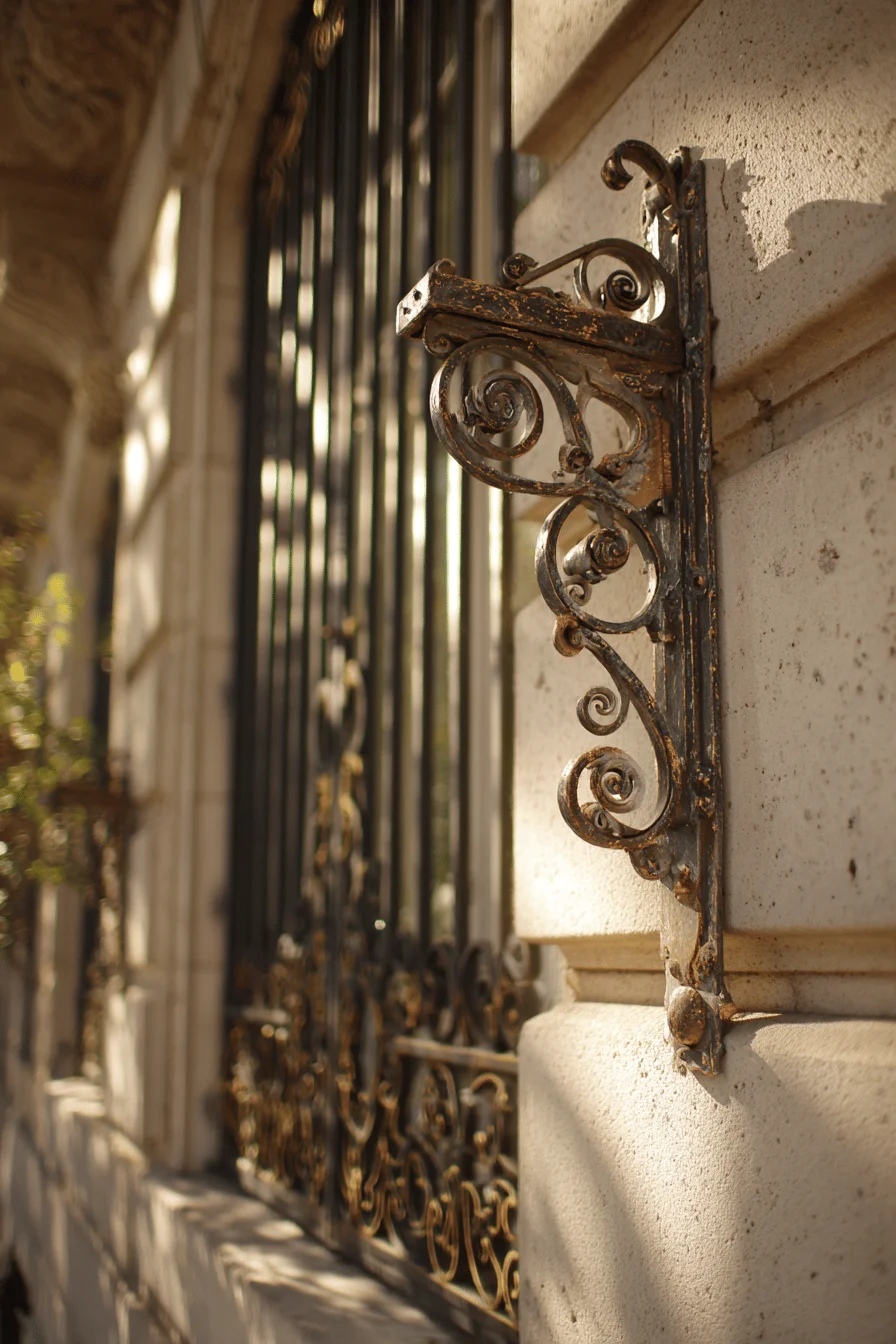 parisian architecture exterior ideas featuring ornate wrought iron window hardware with weathered patina details
