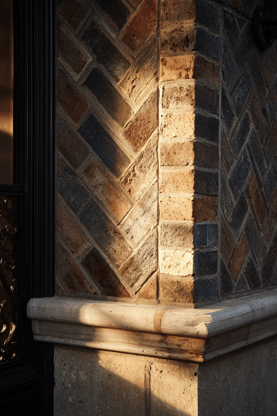 parisian exterior aesthetics highlighting dramatic shadows on textured brick wall with iron accents