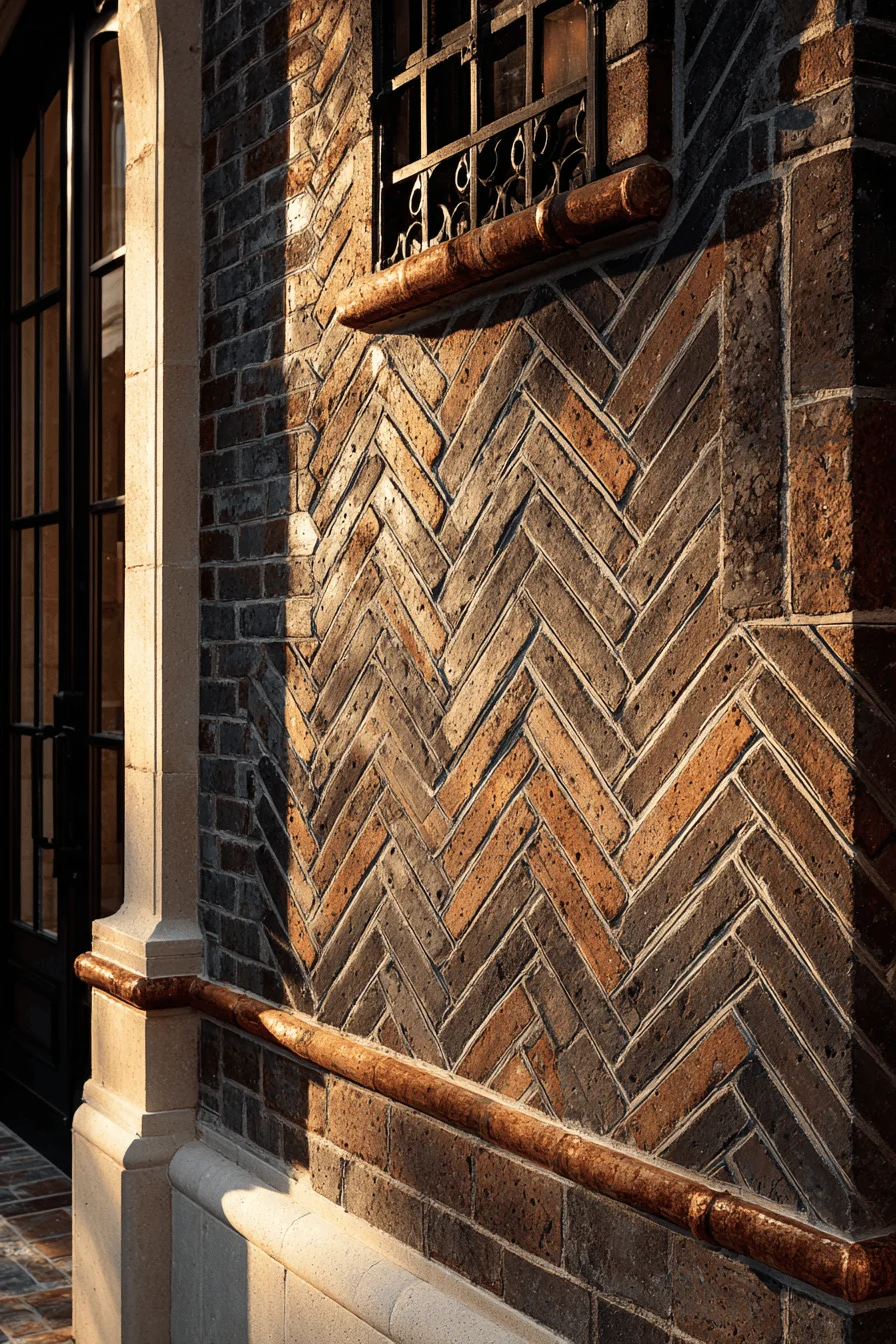 parisian exterior designs showcasing terracotta brick texture with limestone trim and wrought iron details